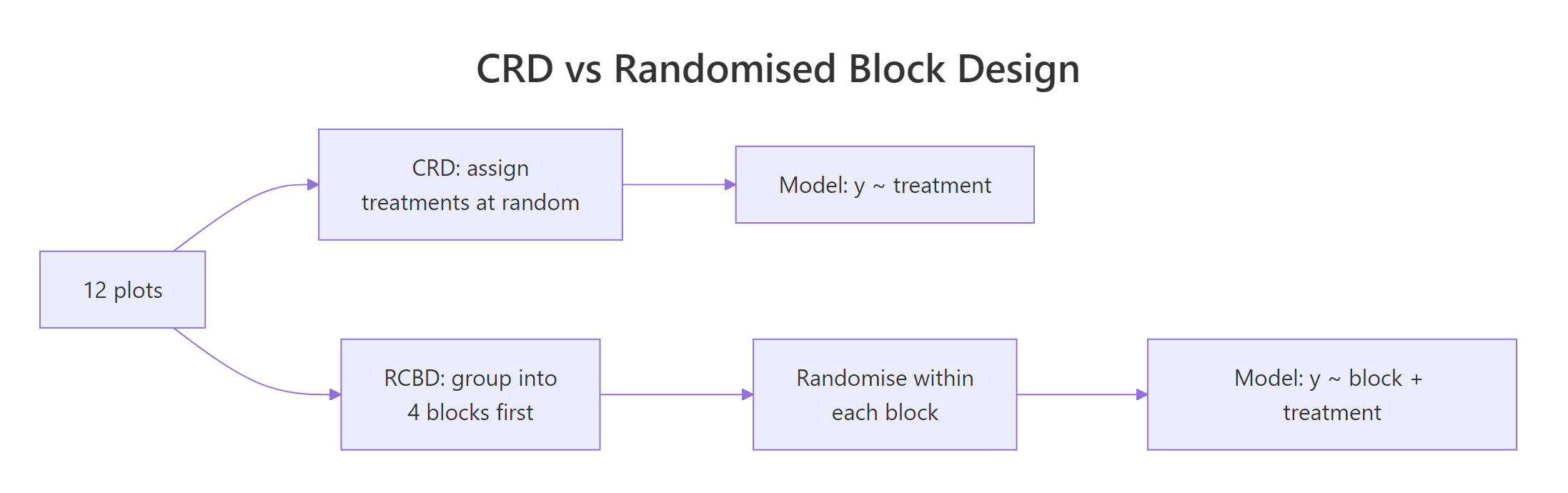 A CRD randomises treatments across all plots; an RCBD first groups plots into blocks, then randomises within each block.