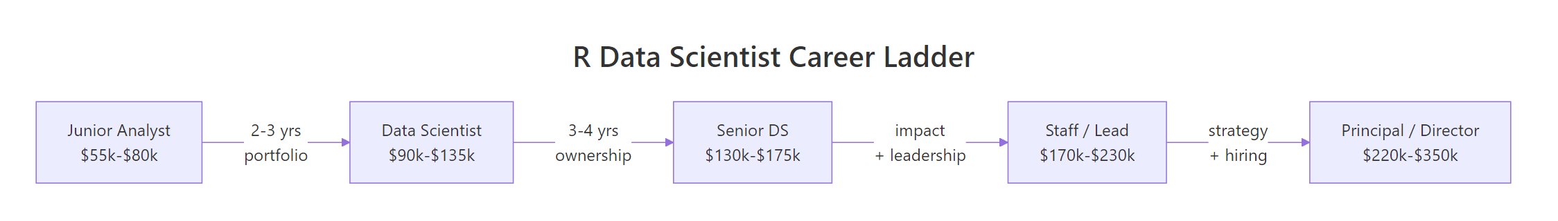 The typical R data scientist career ladder with salary bands.