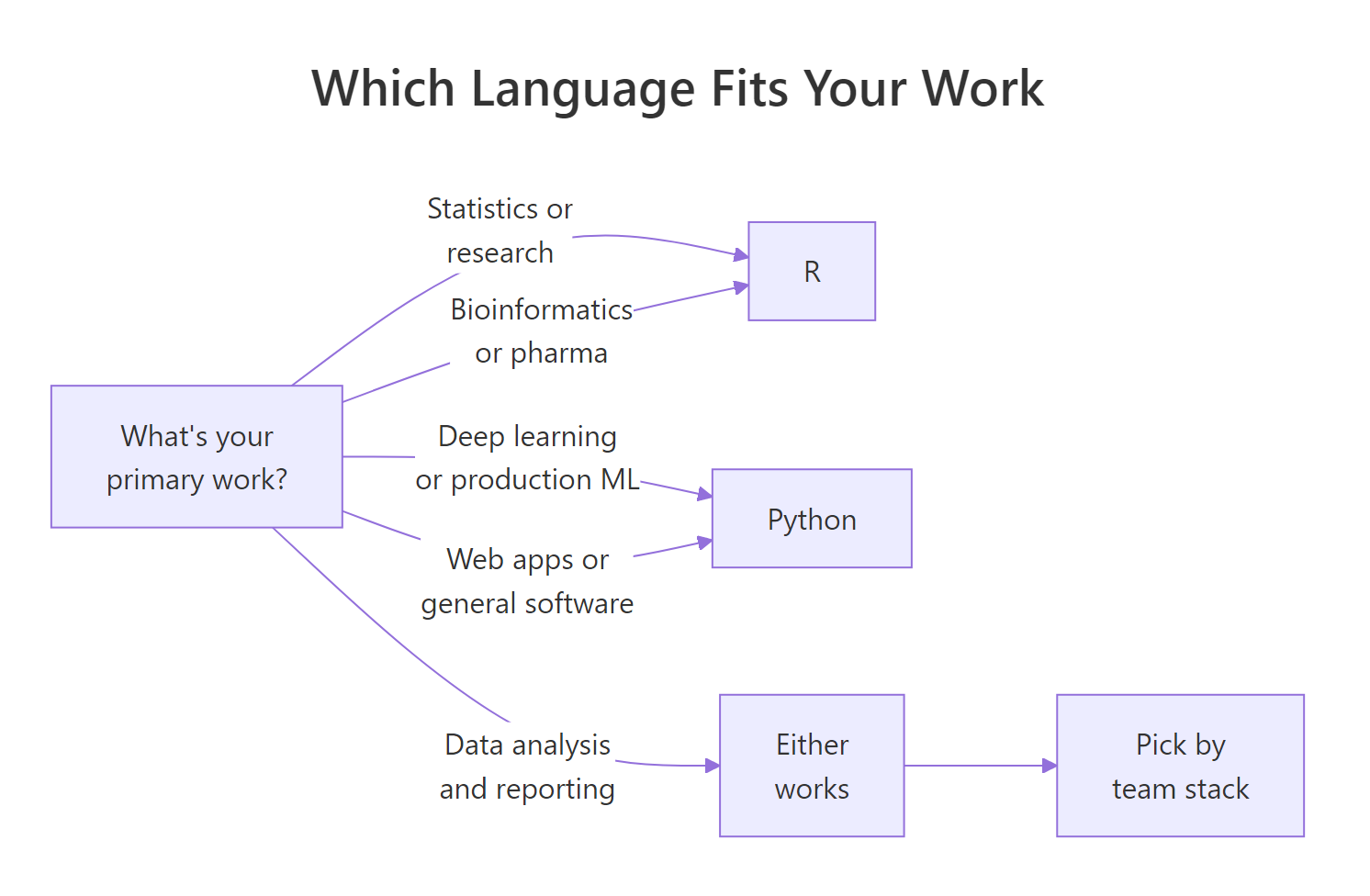 Decision flowchart: primary work determines language, stats/research goes to R, deep learning and production ML go to Python, general analysis goes to either.
