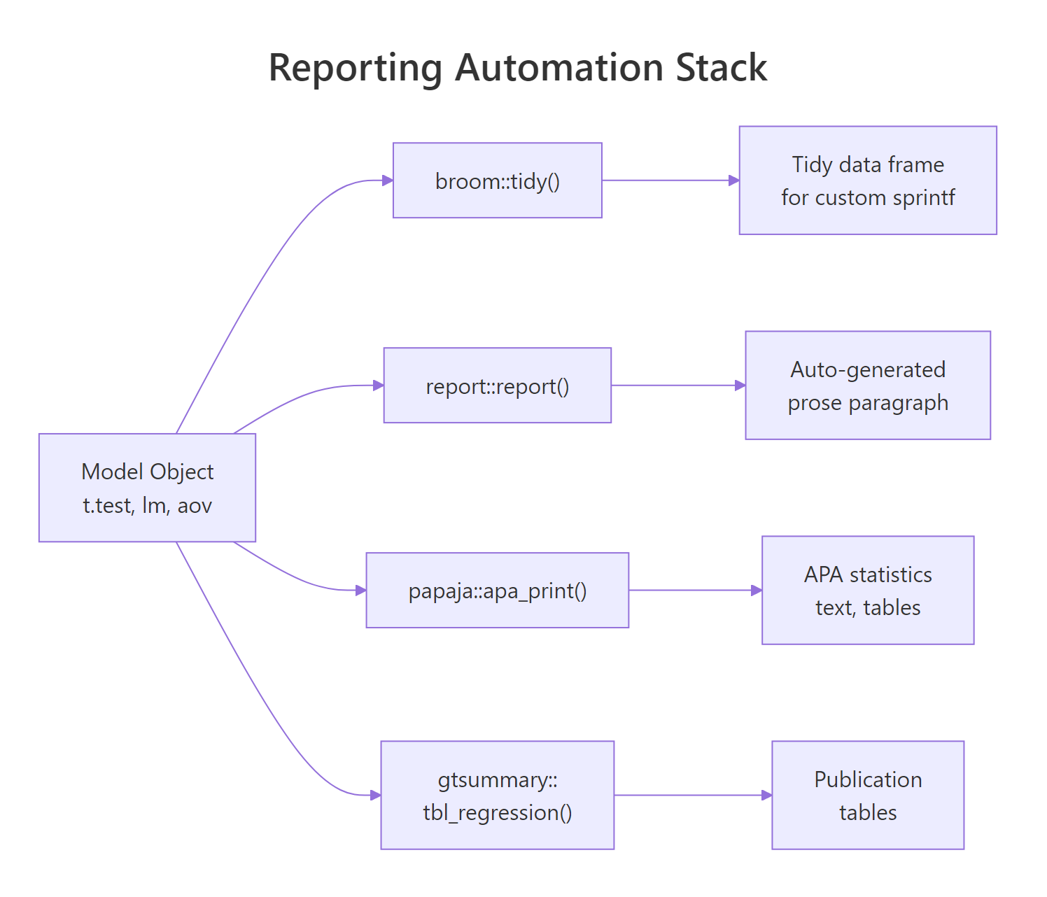 How R model objects become APA-ready prose via broom, report, papaja, and gtsummary.