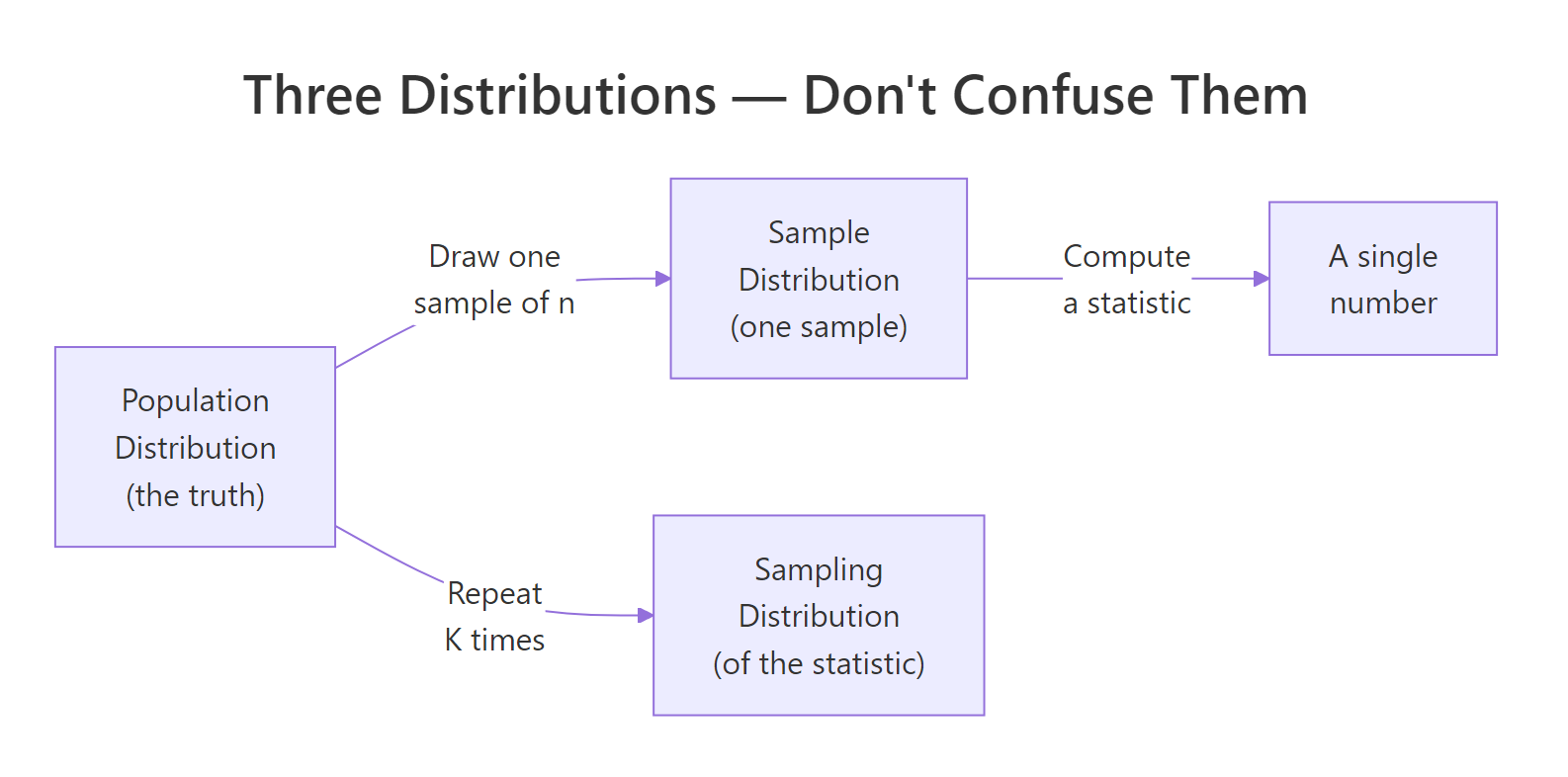 The three distributions students confuse — population, one sample, and the sampling distribution of a statistic.